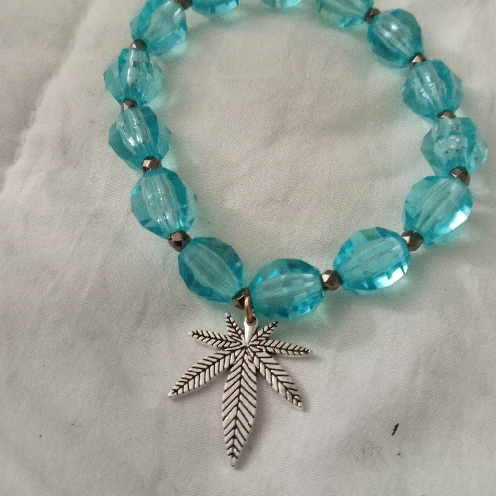 Hand Crafted silver plated Hemp leaf crystal statement bracelet